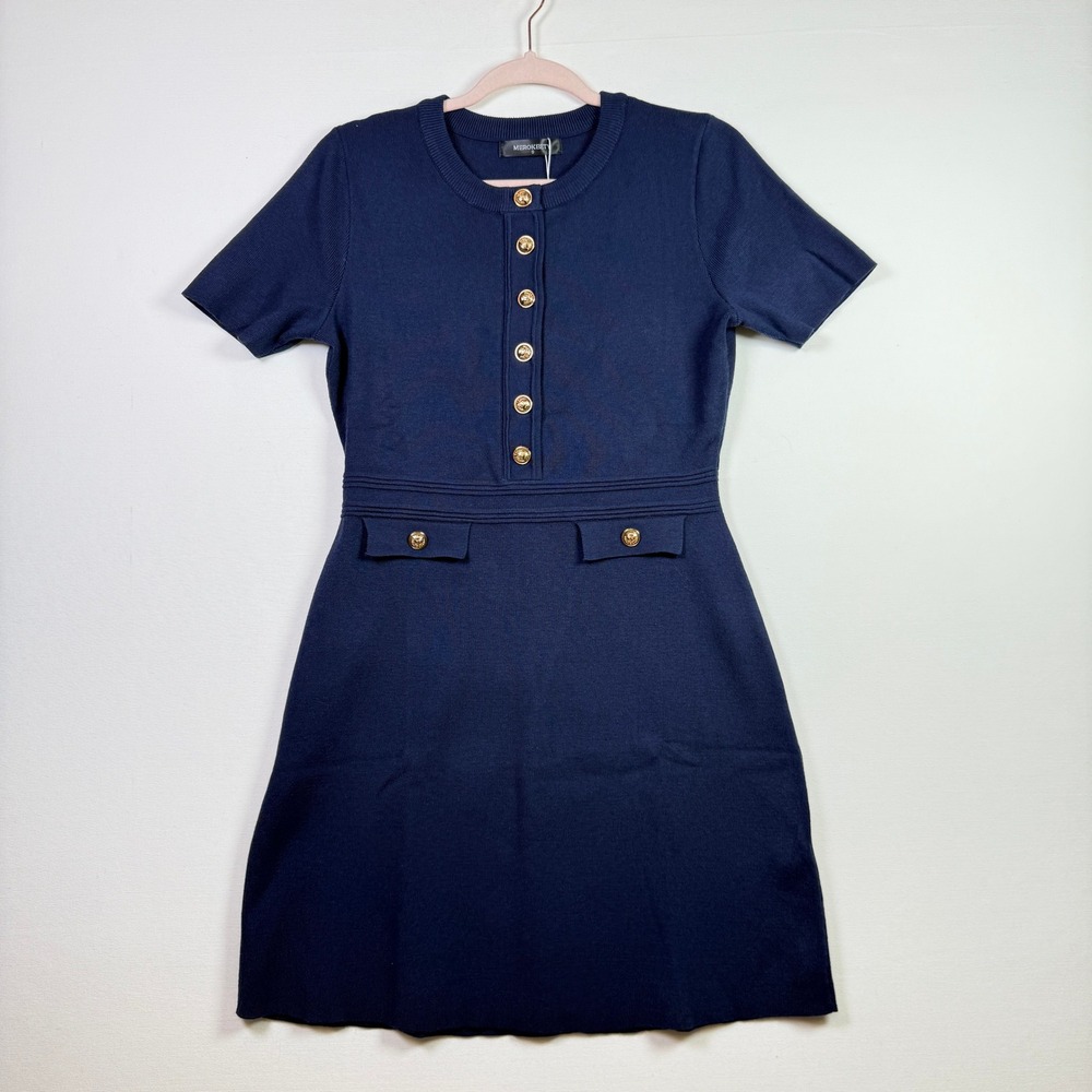 MEROKEETY Navy Blue Gold Button Knit Short Sleeve‎ Mini Dress Small